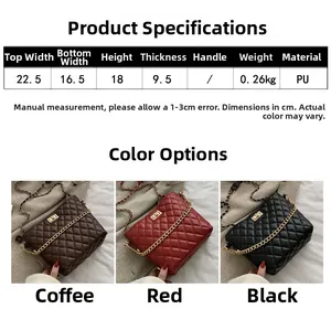 Size chart and dimensions for the quilted chain shoulder bag in PU leather material