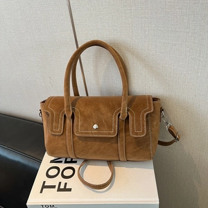 Vintage Matte Faux Suede Handbag Women Contrast Stitching Shoulder Crossbody Bag Retro Commute Trendy Flap Square