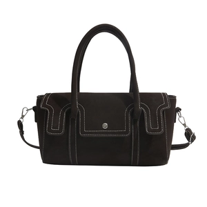 Chic dark brown faux suede handbag with white contrast stitching and round metal buckle