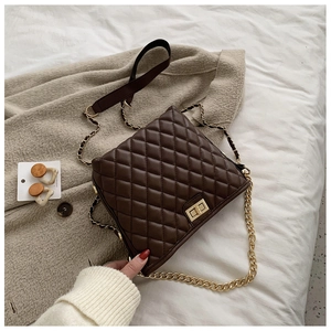 Close-up of brown quilted crossbody bag with gold chain strap and metal turn-lock