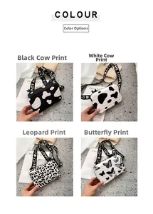 Detail view of mini suitcase crossbody bags in cow, leopard, and butterfly prints