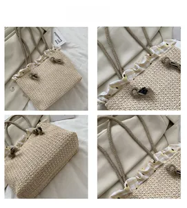 Detail of woven straw tote bag featuring cream knit texture and yellow checkered ruffles