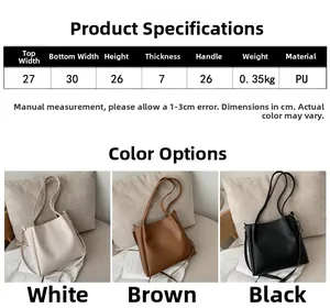 Detailed size specifications for large PU leather tote bag in white, brown, and black