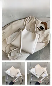 Detailed views of a white PU leather tote bag with elegant gold hardware and straps