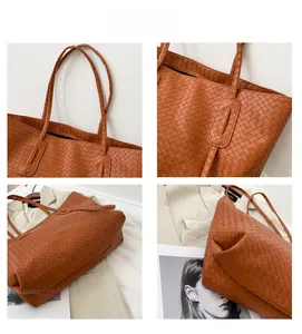 Detail of caramel brown woven leather tote bag with reinforced handles and textures