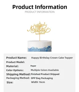 Detail of 16cm golden glitter crown Happy Birthday cake topper with paper material specs