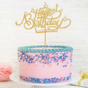 Golden Glitter Happy Birthday Cake Topper Crown Design Paper Sign For Birthday Party Baking Dessert Decoration Accessories