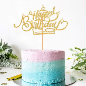 Golden glitter crown cake topper with Happy Birthday TO YOU message for party decor