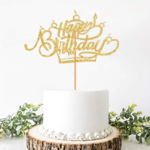 Sparkling gold Happy Birthday cake topper with crown design and elegant calligraphy
