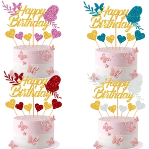 Glitter Happy Birthday Cake Topper Set Gold Letters With Hearts Butterflies Decoration Party Supplies For Birthday Cake