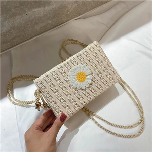 Sac Bandoulière Décontracté en Paille Tissée pour Femmes Avec Broderie Marguerite Petit Sac Carré Floral pour Vacances Plage Été Mode Sac à Main