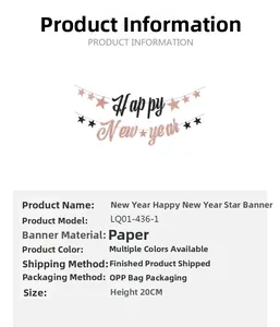 Detail view of pink glitter stars and Happy New Year banner with size and product specs