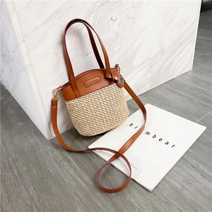 Women Straw Woven Bucket Bag Forest Style Patchwork Synthetic Leather Handbag Summer Beach Vacation Shoulder Bag