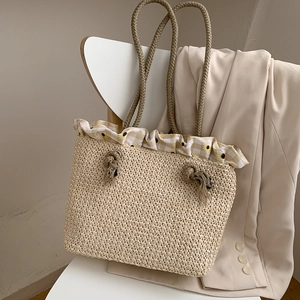 Women Casual Straw Woven Tote Bag Sunflower Floral Ruffle Decor Summer Beach Vacation Handmade Shoulder Bag Khaki White