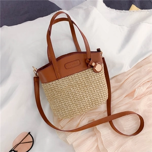 Borsa a Secchiello in Paglia Intrecciata da Donna Patchwork in Pelle PU Borsa a Tracolla Estate Casual Borsa da Spiaggia