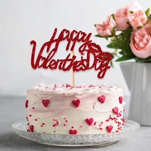 Adorno de pastel Happy Valentine's Day con purpurina roja en pastel rosa