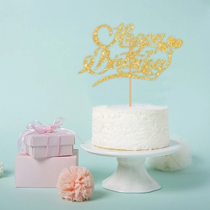 Golden glitter Happy Birthday cake topper with balloon design for party decoration