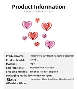 Detailed size specifications for hollow heart hanging decorations with 3m ribbon