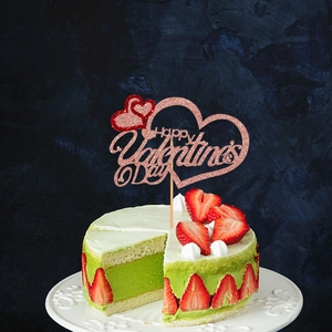 Sparkly Happy Valentine's Day cake topper with glitter hearts on a strawberry dessert