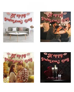 Glittery Happy Valentine's Day banner shown in various romantic home and outdoor settings