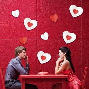 Romantic dinner scene featuring layered 3D heart wall stickers for Valentine decoration