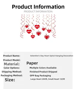 Detail showing paper Valentine heart swirl hanging decorations with LOVE text and dimensions