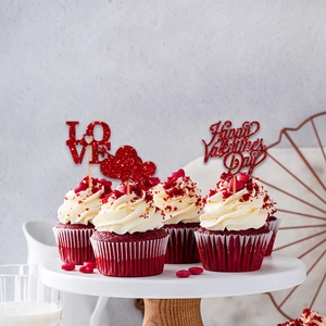 Red glitter LOVE and heart cake toppers for Valentine's Day party dessert decoration
