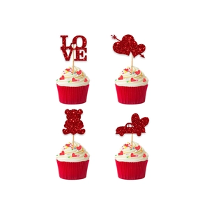 Red glitter love heart cupcake toppers set for Valentine's Day party cake decorations