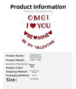 Detail of red glitter Valentine banners with OMG and I Love You text for party decor