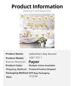 Detail showing 'BE MINE' gold glitter heart banner with 12cm height specifications
