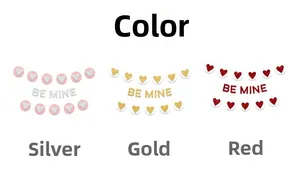 Detailed view of BE MINE glitter heart banners in silver, gold, and red color options