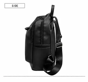 Vue latérale du sac à dos noir minimaliste avec fermetures éclair et poches de rangement