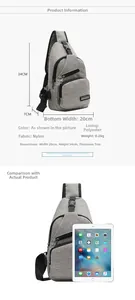 Detailed size specifications and iPad capacity comparison for gray nylon chest bag