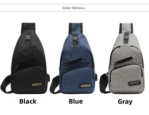 Three multi-functional chest bags in black, blue and gray with USB charging port