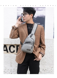 Detail of grey crossbody bag showing side USB charging port connected to a phone