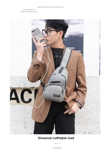 Close-up of gray crossbody bag featuring a USB charging port and textured canvas fabric