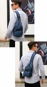 Detail of blue canvas chest bag with multiple zippers and external USB charging port