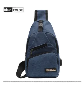 Detailed view of blue crossbody chest bag with USB port and multiple zippers