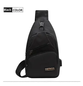 Detail shot of black sling bag featuring multiple zipper pockets and external USB charging port