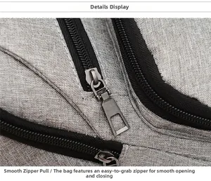 Detail of smooth metal zipper puller on grey fabric crossbody chest bag for men