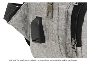 Macro shot of grey fabric crossbody bag featuring integrated USB charging port and zipper