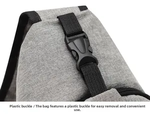 Close-up of durable plastic buckle and grey textured fabric on a men's crossbody bag