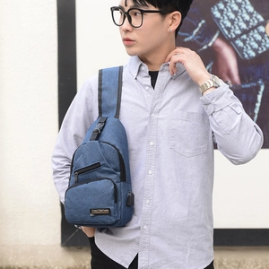 Blue men's sports chest bag in oxford cloth with external USB port for charging