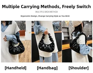Sac croissant noir plissé montré en trois modes : à la main, au poignet et à l'épaule