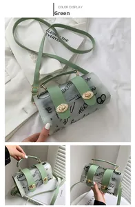 Detail view of transparent green jelly handbag with graffiti patterns and metal buckles
