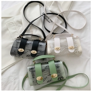 Detailed macro view of trendy transparent PVC crossbody bags with graffiti and gold locks