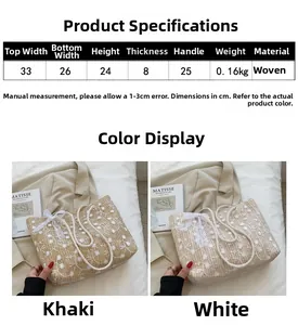 Detaillierte Größenangaben für eine gewebte Strohtasche mit floraler Spitzenstickerei