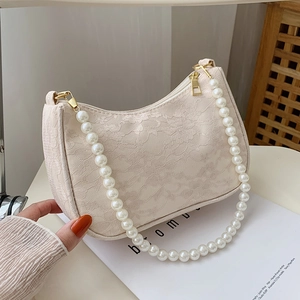 Women Lace Shoulder Bag With Artificial Pearl Chain Strap French Retro Underarm Bag Vintage Elegant Baguette Bag For Party Daily