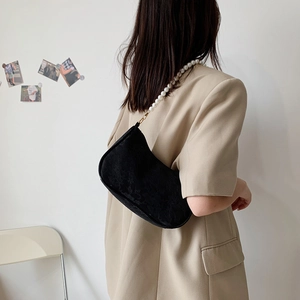 French vintage black pleated underarm bag with large pearl chain strap and gold hardware