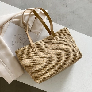 Large Woven Tote Bag Women Straw PU Leather Shoulder Bag Casual Summer Vacation Beach Travel Handbag With Zipper Large Capacity